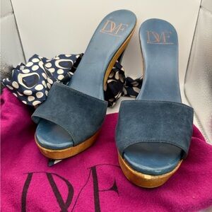 Diane Von Furstenberg Blue and Wooden Platform Shoes